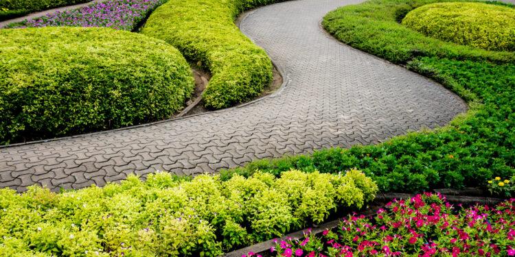 Luxury landscape design of the tropical garden. Beautiful view of landscaped tropical garden.