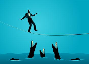 Bbusinessman walks on a rope cautiously so as not to fall into a river full of crocodiles, vector illustration