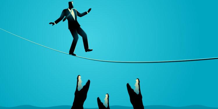 Bbusinessman walks on a rope cautiously so as not to fall into a river full of crocodiles, vector illustration