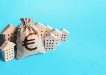 Euro money bag surrounded by houses. Buying apartments. Real estate investment. Mortgage loan. Budget and funding. Construction industry. Property insurance. Housing appraisal. Valuation estimation