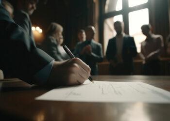 Businessman in the office signs a contract. Generative AI