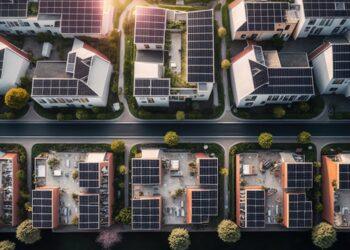Sustainable urban village with solar cells rooftop of house from aerial view. distinct generative AI image.
