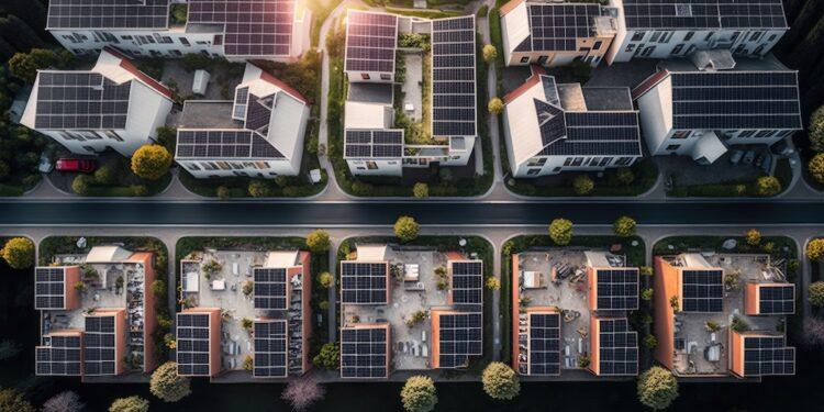Sustainable urban village with solar cells rooftop of house from aerial view. distinct generative AI image.